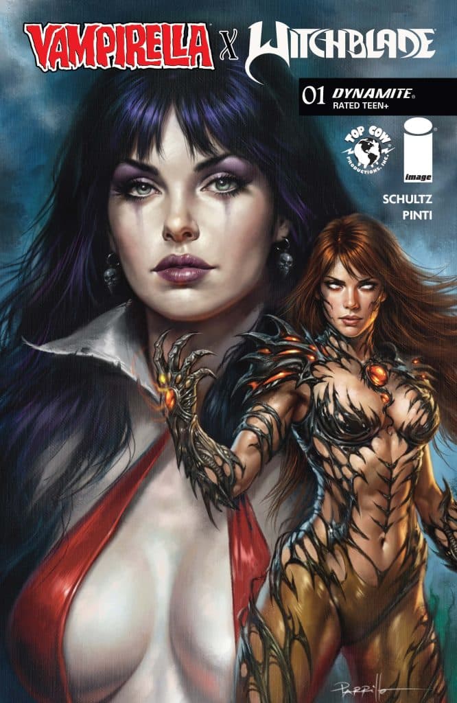 Cover of 'Vampirella x Witchblade' comic featuring two female characters: Vampirella with dark hair and a red outfit, and Witchblade with fiery hair and an armored costume.