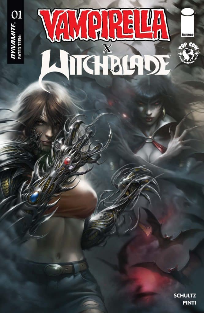 Cover of the comic book 'Vampirella x Witchblade,' featuring a female character wearing a dark, ornate arm armor and another character with a vampiric appearance, surrounded by bats and a dark, atmospheric background.