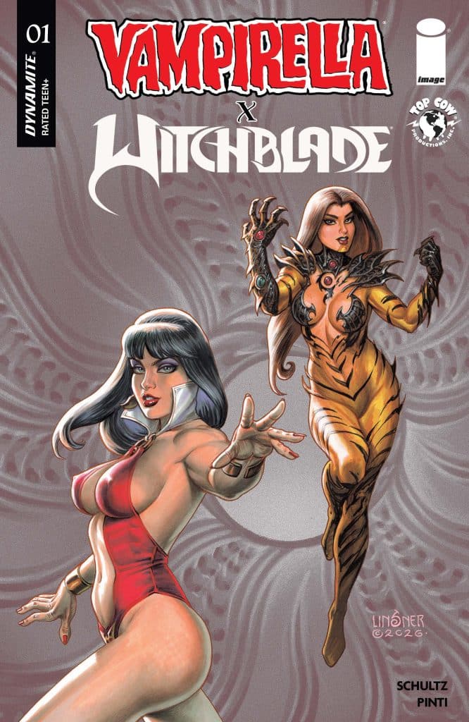 Comic book cover featuring Vampirella and Witchblade, with Vampirella in a red outfit and Witchblade in a golden armor, both striking dynamic poses.