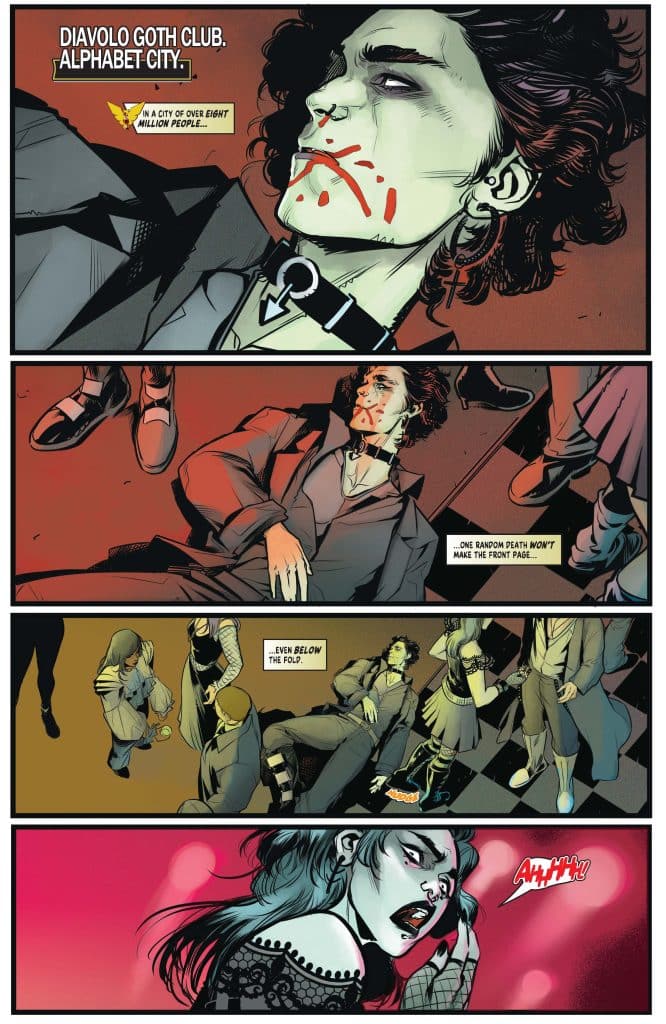 A graphic novel scene set in a goth club, showcasing a male character with an injured face lying on the floor, surrounded by people reacting to the situation.