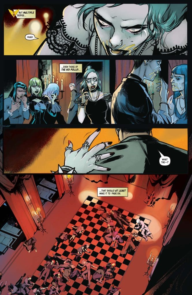 A comic book scene depicting several characters in a dimly lit room, expressing shock and concern. The focus is on a woman with blue hair, showing a worried expression, while others, dressed in elegant attire, are seen in the background reacting. The floor is checkered, and there are people lying down in a party setting, adding an element of tension to the atmosphere.