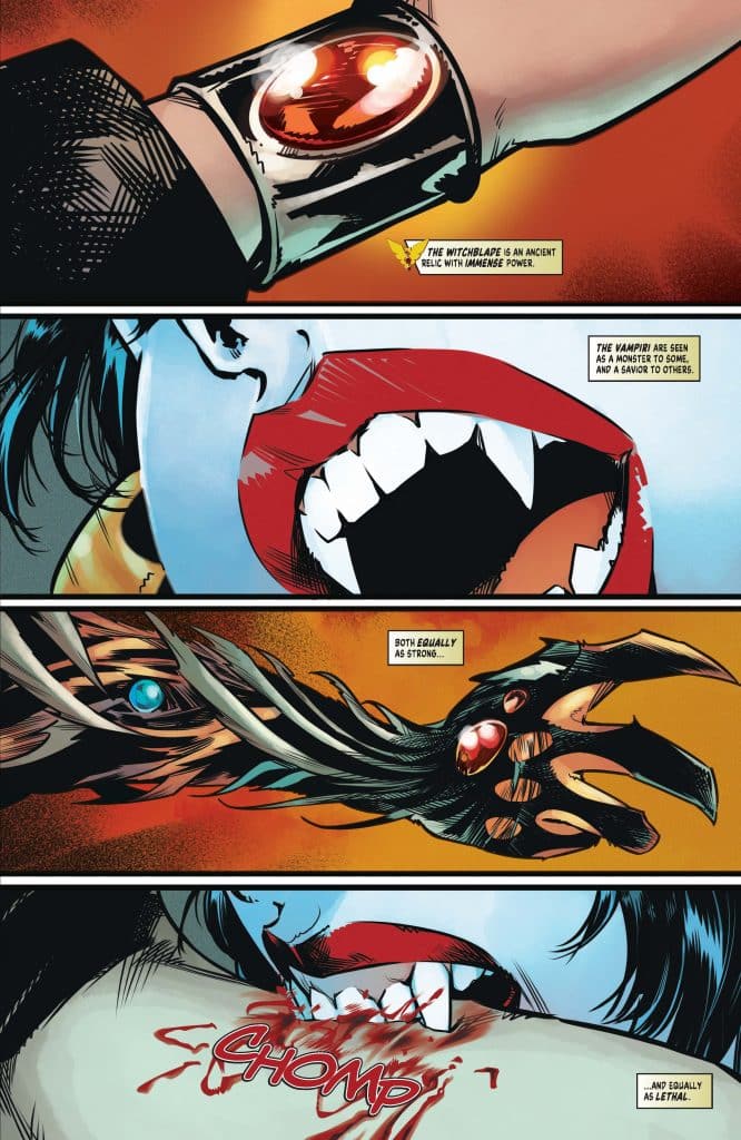 A close-up of a character's arm with a powerful artifact, the Witchblade, shining with a red gem.