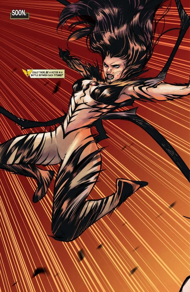 A dynamic comic book illustration of a fierce female character jumping into battle, with an aggressive expression and stylized hair and costume. The background features dramatic streaks of orange and black, enhancing the action scene.