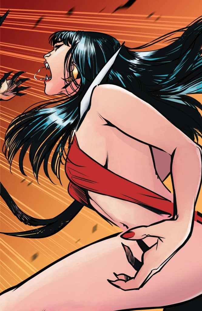 A stylized illustration of a woman with long black hair, wearing a minimal red outfit, screaming passionately. The background features dynamic motion lines in vibrant colors, suggesting intense action.