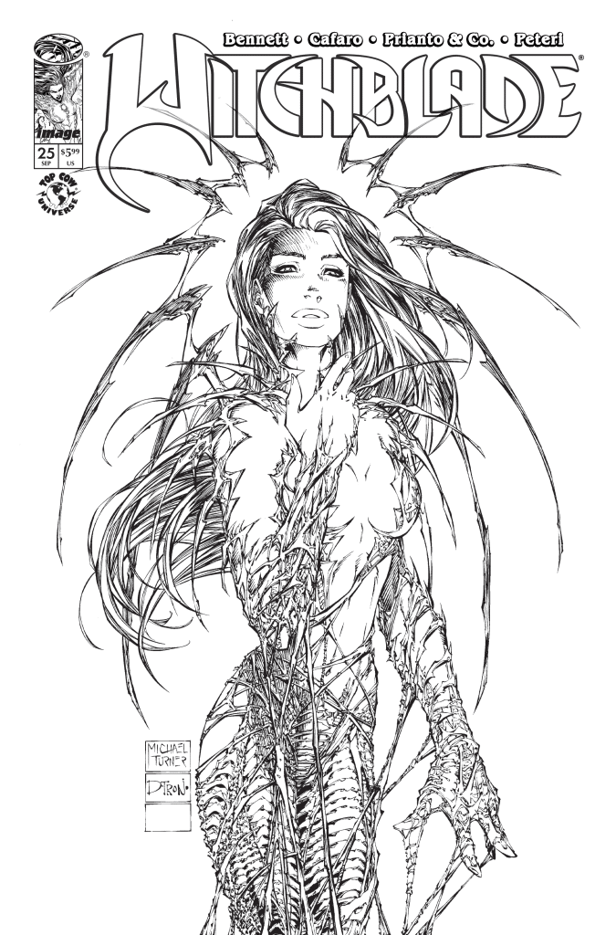 Cover of the comic book 'Witchblade' featuring a character with long hair and an intricate, skeletal armor design.