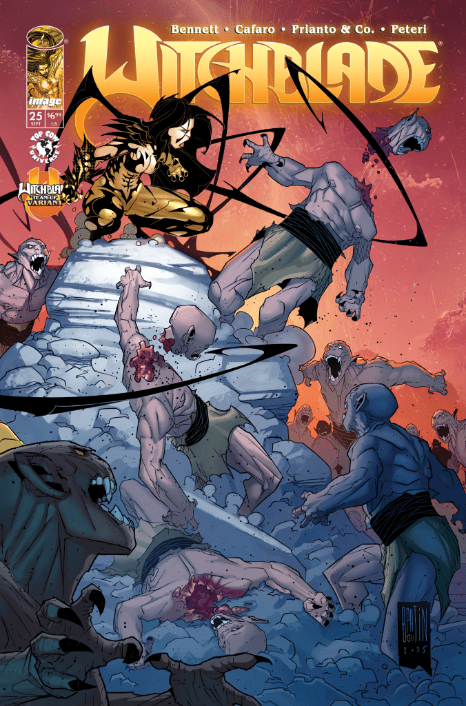 Cover of Witchblade comic issue #25 featuring a female character in a dynamic pose on a rocky outcropping surrounded by menacing creatures.