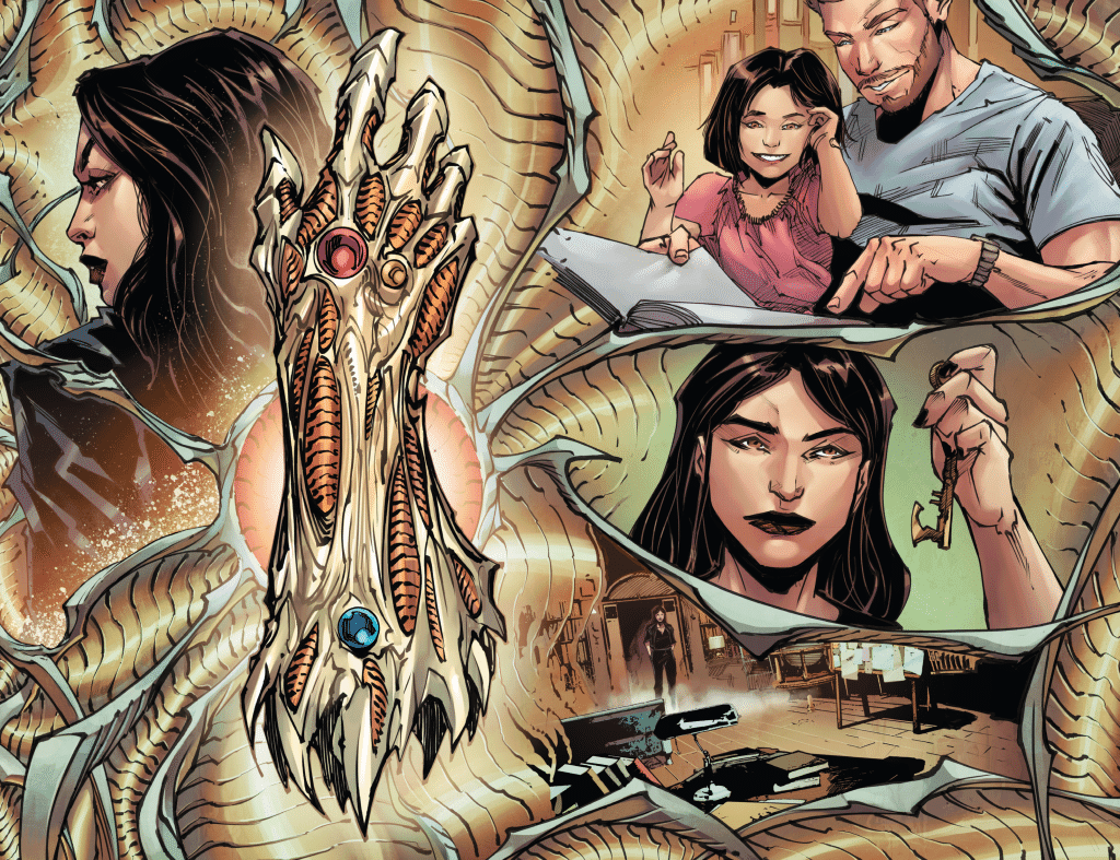 A comic-style illustration featuring a mysterious, ornate hand with gemstones, set against a surreal background. The image shows a female character in profile, a man and a girl engaging with a book, and another woman holding a key, conveying themes of adventure and intrigue.