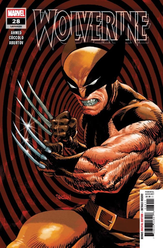 Wolverine comic cover featuring the character in a fierce pose, showcasing his claws and muscular build, with a red and black spiral background.