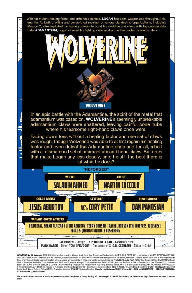 Comic book cover featuring Wolverine, with a summary of his character and storyline details.