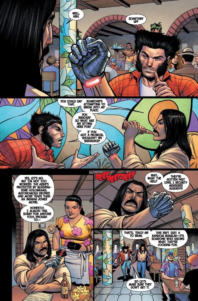 A comic book scene depicting three characters discussing a potential break-in while seated in a restaurant. One character, wearing a plaid shirt and a futuristic glove, expresses concern about someone attempting to break into his place. The background shows other diners and colorful decor.