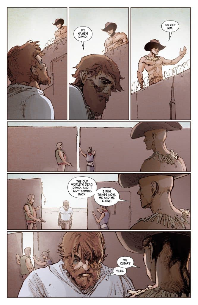 A comic book scene depicting a dialogue between several characters. One character introduces himself as David, while others are seen in a tense discussion about authority and survival in a post-apocalyptic setting.