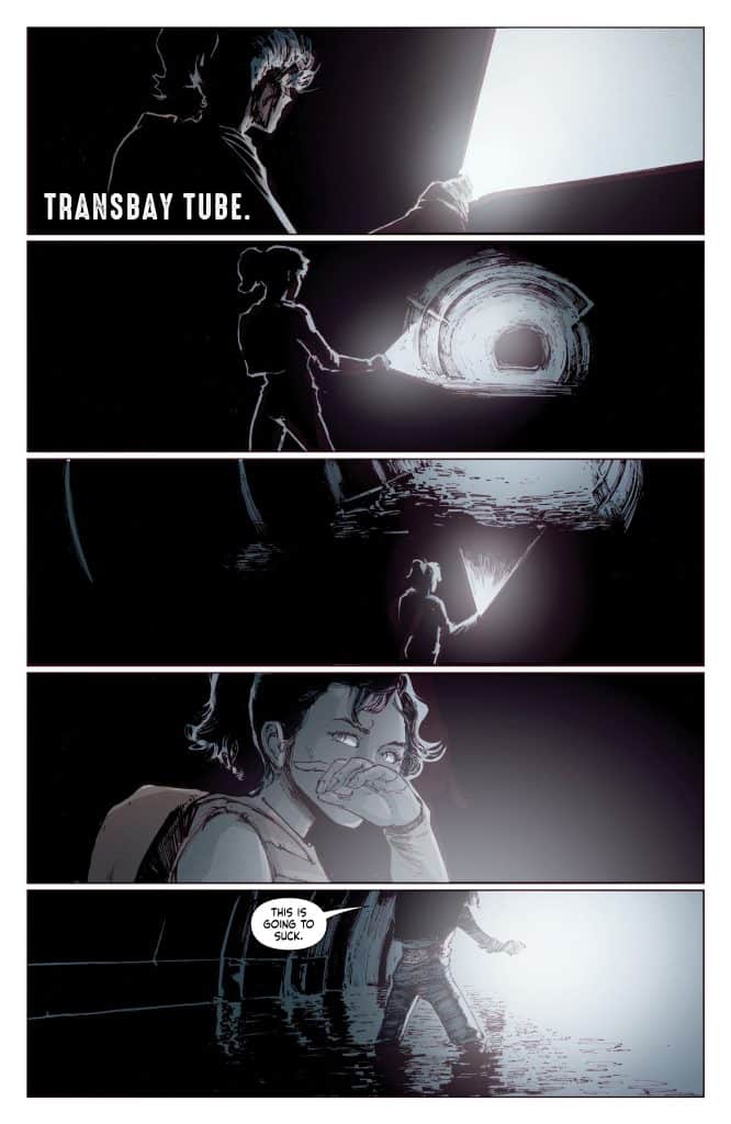 A comic panel depicting two characters in a dark tunnel labeled 'Transbay Tube.' One character holds a flashlight, while the other looks concerned, suggesting they are in a challenging situation.