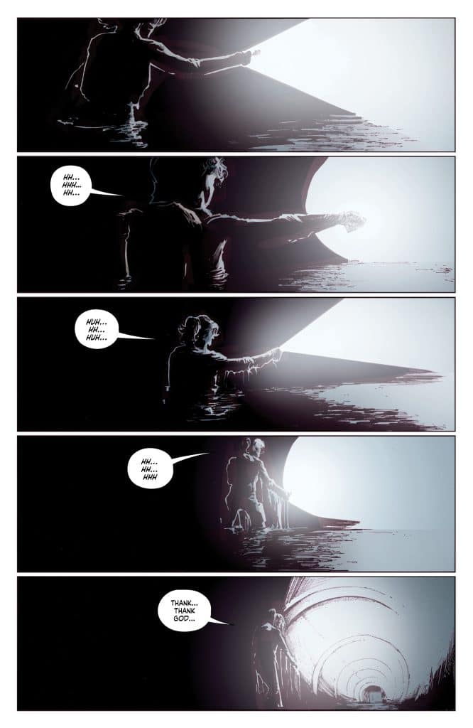 A series of four comic panels depicting a character reaching towards a light source in a dark, shadowy environment, expressing relief in their dialogue.