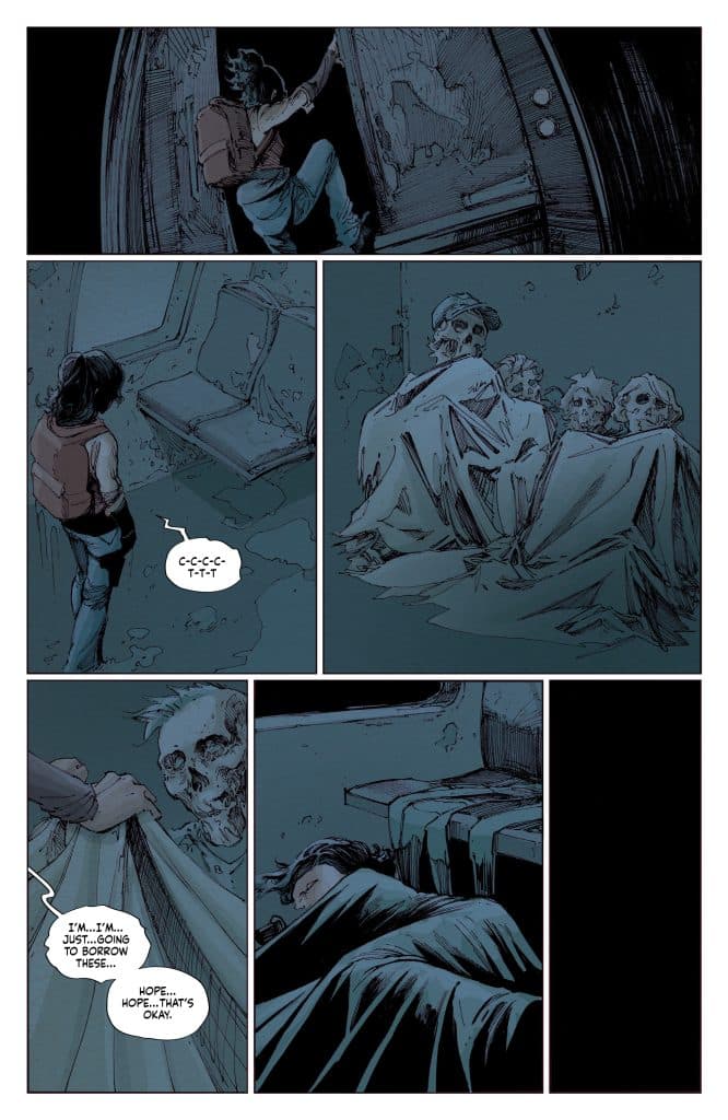 A young person with a backpack peeks into a dark room, visibly frightened. The room reveals a scene with a skeleton covered by a blanket and more skeletal figures in the background. The character's dialogue hints at fear and uncertainty, questioning if their actions are acceptable.