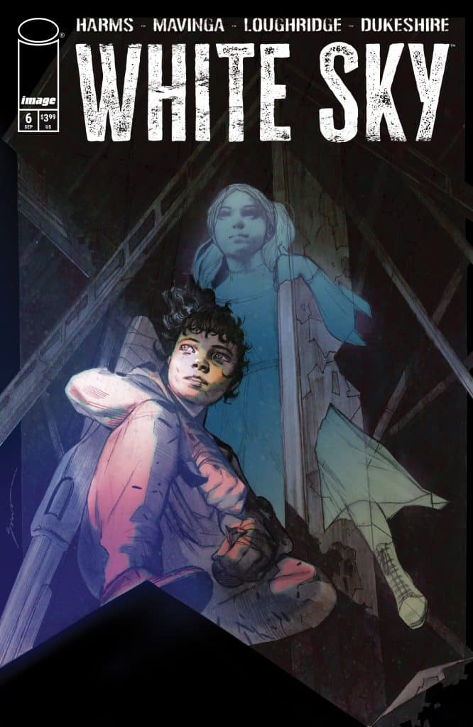 Cover art for the comic book 'White Sky' issue 6, featuring a young boy in a dynamic pose with a shadowy figure of a girl in the background, set in a mysterious and dark environment.