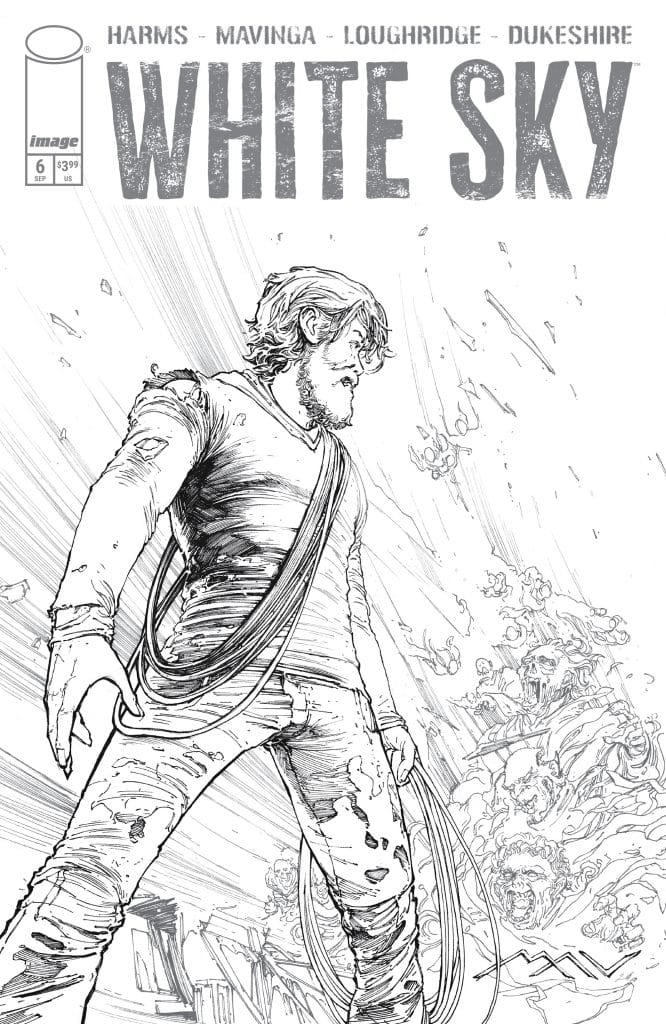 Cover of the comic 'White Sky' featuring a rugged man with long hair, surrounded by swirling figures and dramatic lines conveying motion.