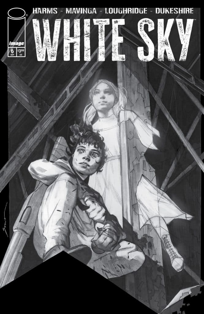 Cover of the comic book 'White Sky', featuring a black and white illustration of two characters, a boy and a girl, in a dilapidated setting. The title 'WHITE SKY' is prominently displayed at the top.