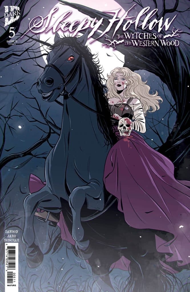 Comic book cover featuring a witch holding a skull, riding a black horse under a full moon surrounded by dark trees, titled 'Sleepy Hollow: The Witches of the Western Wood'.
