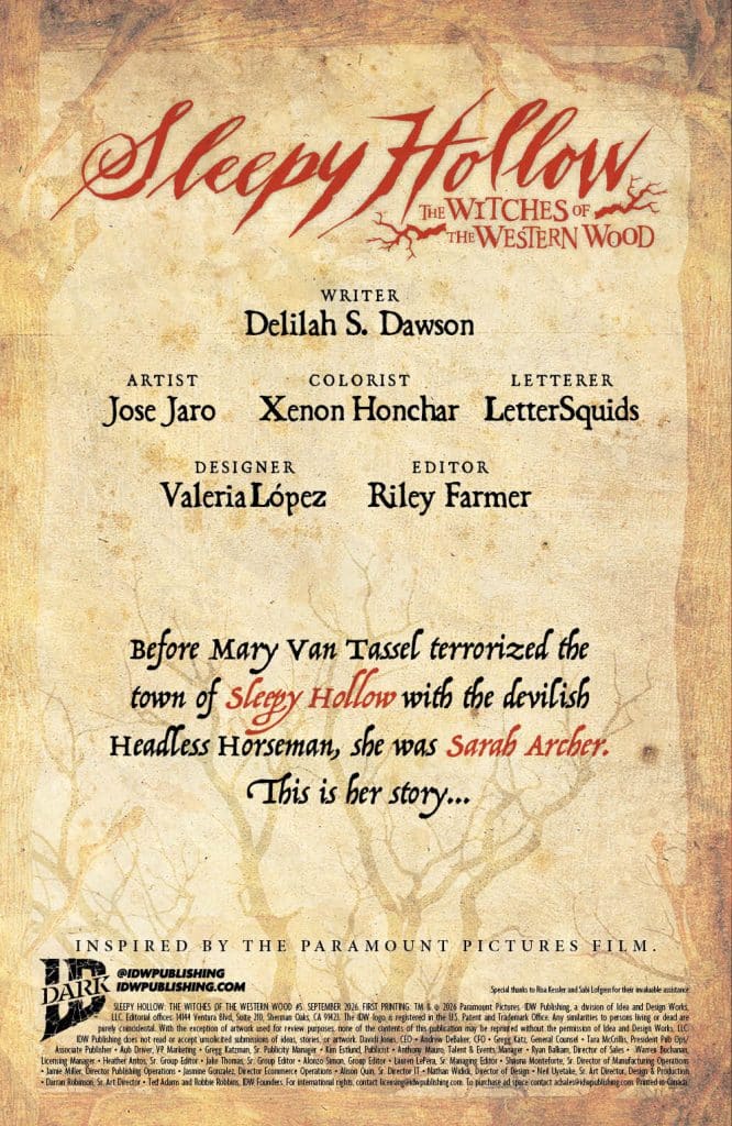 Cover page for 'Sleepy Hollow: The Witches of the Western Wood' featuring title, writer, artist, colorist, letterer, designer, and editor credits, with a brief description of the story.
