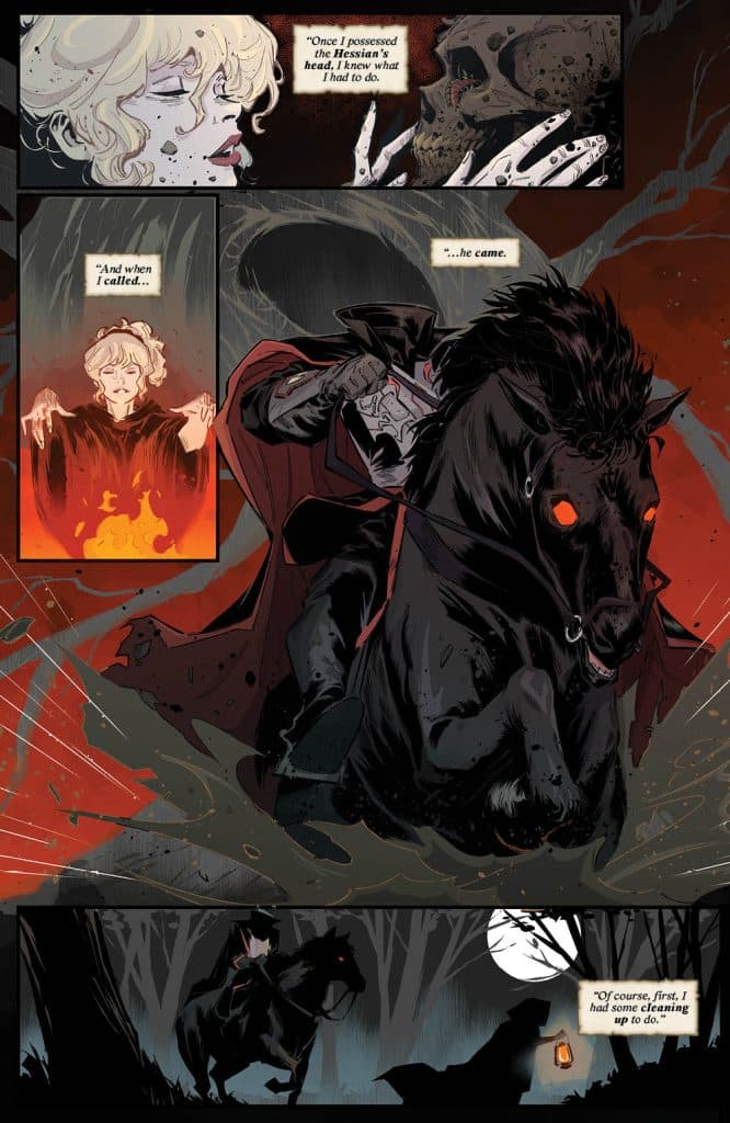 A graphic novel panel depicting a mysterious character in a dark cloak riding a black horse through a wooded area, with a full moon and fog in the background. Elements of horror and suspense are present, with text snippets suggesting themes of possession and a calling.