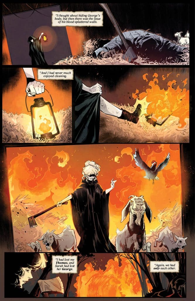 A woman in dark clothing holds a lantern and stands near a body on the ground, pondering while goats gather around her. Flames are visible in the background, and she grips an axe in one hand. The scene conveys a sense of contemplation and loss, with dialogue emphasizing themes of cleaning and companionship amid destruction.