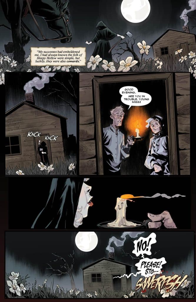 A dark scene depicting a figure on horseback in the background, with a cloaked character approaching a small house at night. The house shows a flickering candlelight, and two figures, a man and a girl, stand at the doorway conversing. Flowers are visible in the foreground, along with a full moon illuminating the eerie setting.