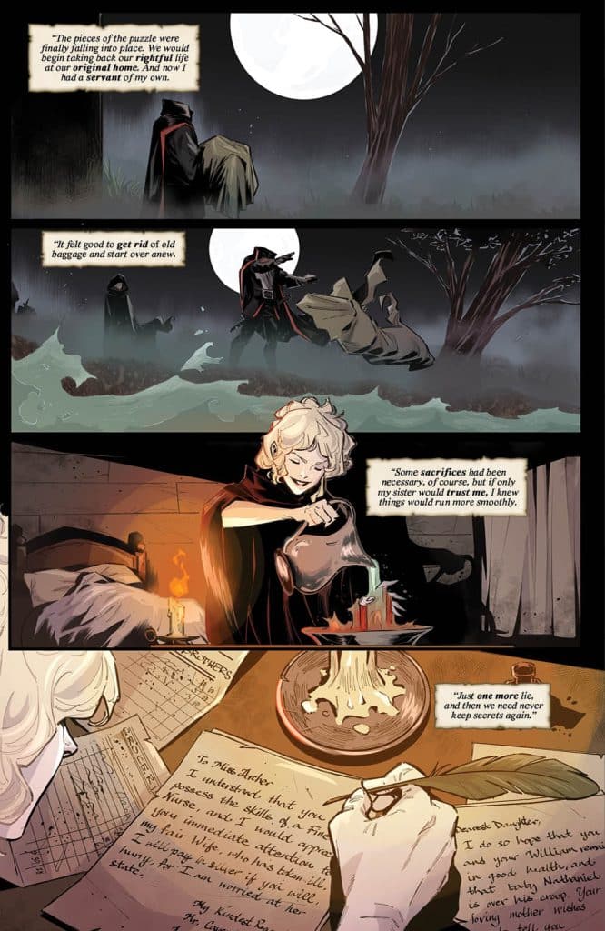 A comic page featuring a dark, misty landscape with a large moon, depicting two cloaked figures in the first panel, one carrying a bundle. The second panel shows one figure speaking about starting anew. In the third panel, a character in a cozy room pours something into a cauldron while reflecting on sacrifices. The final panel features handwritten notes and a quill as a character writes a letter.