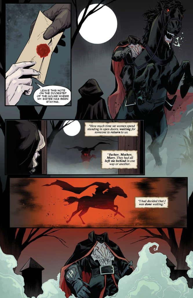 A dark, atmospheric comic panel depicting a cloaked figure holding an envelope with a wax seal, standing in front of a full moon. Another panel shows the figure on a horse, emphasizing themes of waiting and decisions made.