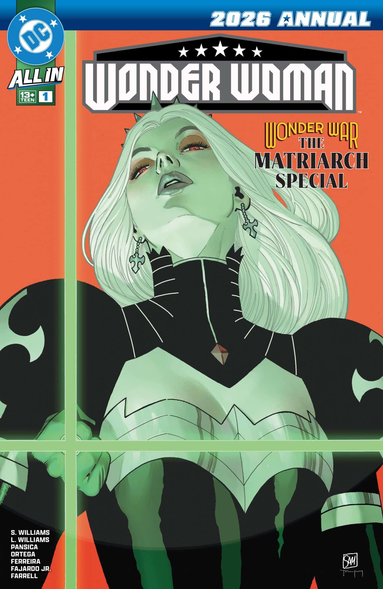 Cover of the 2026 annual comic 'Wonder Woman: Wonder War - The Matriarch Special', featuring an illustrated character with green skin and long white hair, wearing a black armored outfit with a gemstone.