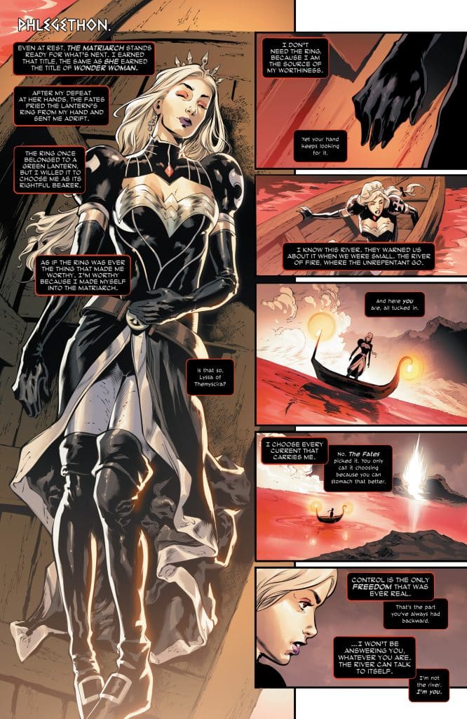 A comic book page featuring a character in a black and gold costume, resembling Wonder Woman, with long blonde hair. The text discusses themes of worthiness, identity, and destiny with a backdrop of a fiery river and mystical elements.