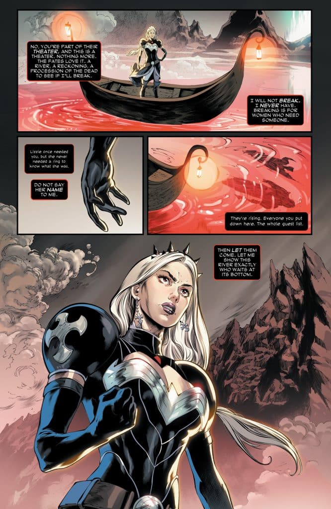 A female superhero with long white hair, wearing a black and silver suit, stands determinedly at the forefront of a dramatic scene. In the background, ominous red waters reflect a dark landscape with mountains. A boat glides on the surface, and ghostly figures loom beneath.
