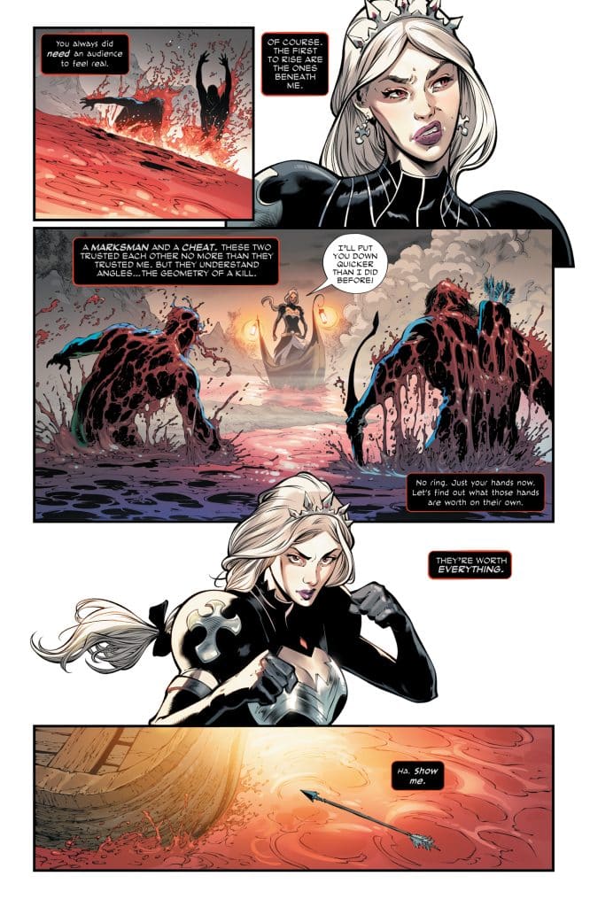 A tense comic panel featuring a fierce female character in a black outfit with a crown, surrounded by dark figures and a blood-red landscape. The character is shown in an action pose, ready to confront her opponents, with dialogue highlighting themes of trust and confrontation.
