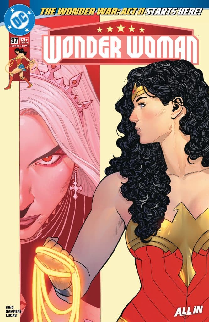 Comic cover featuring Wonder Woman in a red outfit with gold accents on one side, facing a dark-haired female antagonist with a crown on the opposite side, set against a striking background.