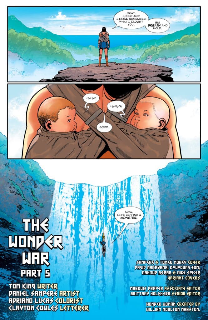 A comic book page featuring Wonder Woman standing on a cliff overlooking a waterfall, instructing two babies in her arms on how to take a deep breath. The scene combines vibrant colors and includes dialogue balloons.
