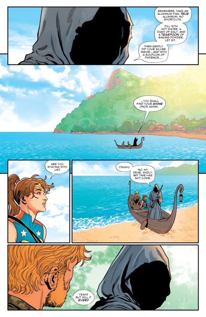 A hooded figure speaking to a group by the seaside, with a boat in the background. One person wears a star-patterned outfit and looks concerned, while another appears thoughtful. The scene is set against a backdrop of a beach and lush greenery.
