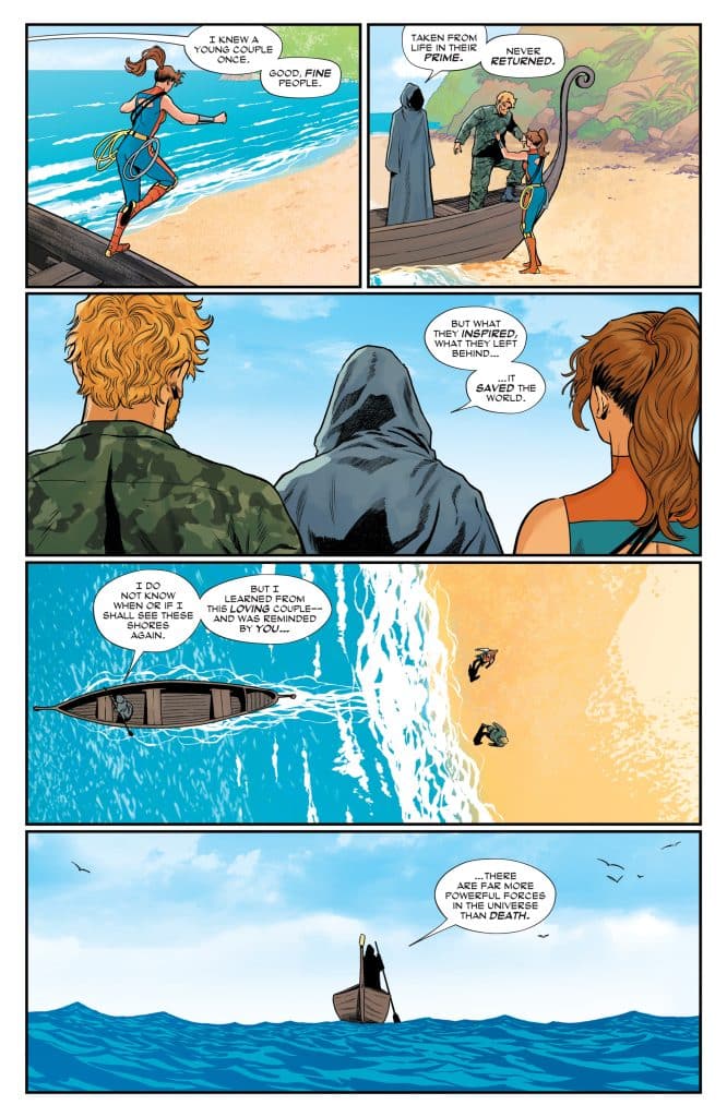 A comic book scene depicting a character on a beach discussing a young couple taken from life, while another character listens nearby.