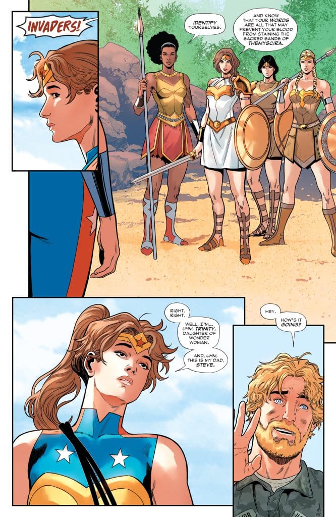 A group of female warriors appears on a beach, with one character in the foreground wearing a superhero costume. The characters display a range of weapons and armor. The background includes a rocky landscape and greenery, while text bubbles indicate a dialogue about identity and introductions.