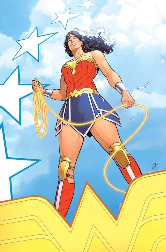 Wonder Woman standing confidently with her lasso, wearing her iconic red and blue costume, with a blue sky and stars in the background.
