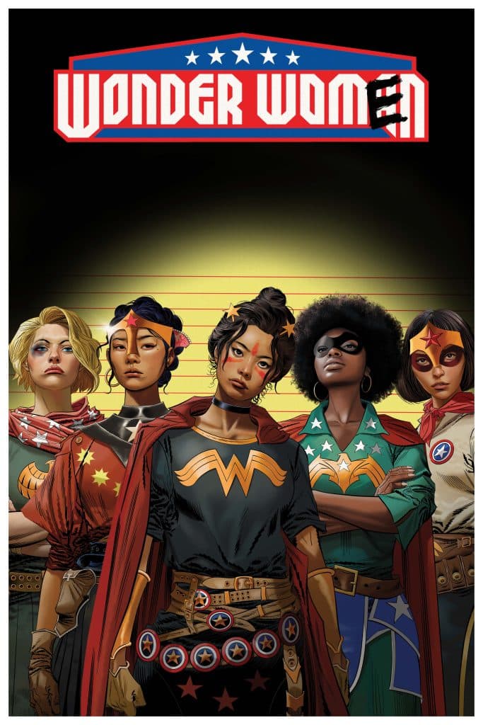 A group of five diverse women dressed as Wonder Woman, each in unique costumes featuring elements like capes, belts, and symbols. They stand confidently, with expressions showing strength and solidarity, against a stylized background.