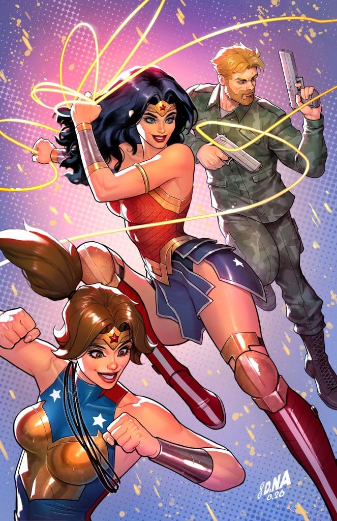 An illustration featuring three superhero characters: Wonder Woman wielding her lasso, a female version of Wonder Woman in a dynamic pose, and a male character holding a gun. The background is colorful with sparkles and gradient effects.