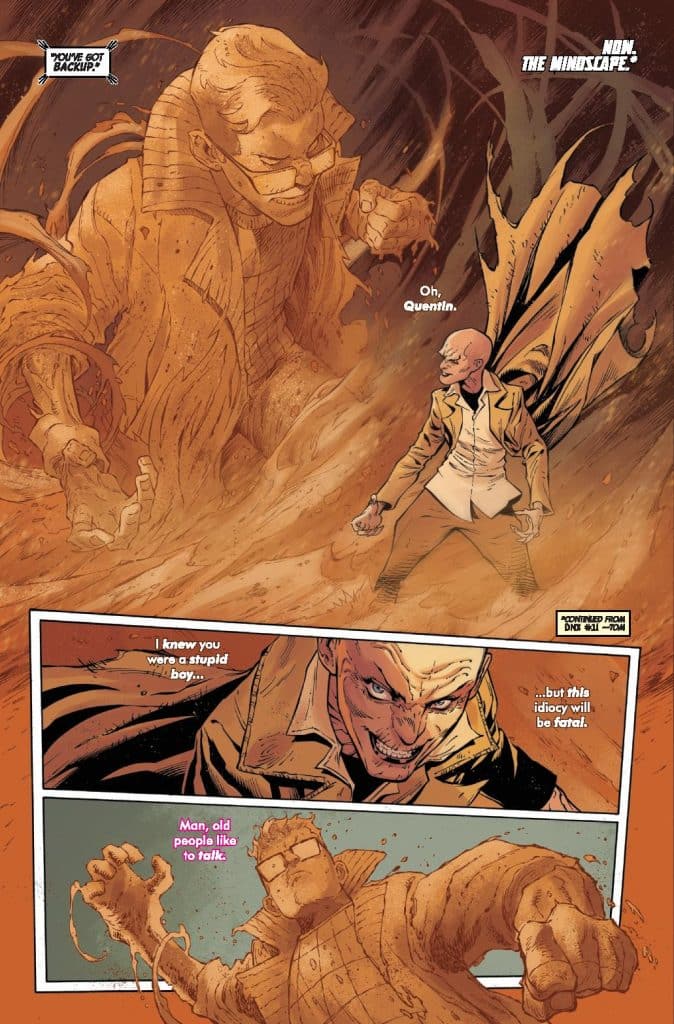 A scene from a comic featuring two characters in a dramatic confrontation; one character appears large and menacing, while the other, wearing a coat, exudes confidence amidst a dusty, chaotic environment.