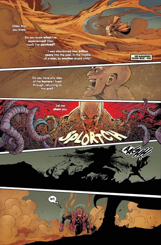 Comic page featuring a character discussing their past experiences, surrounded by chaotic imagery and expressive text. The character appears distressed and is shown in a surreal landscape with swirling sand and ominous creatures.