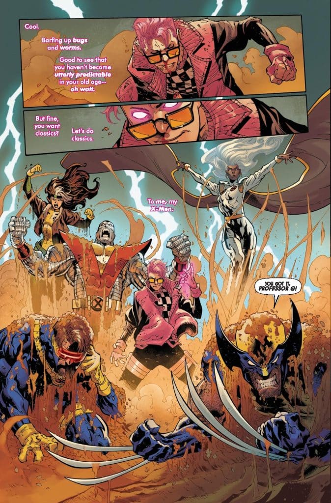 A comic book scene featuring several superhero characters from the X-Men, including Cyclops, Wolverine, and Storm, in an action-packed pose with vibrant colors and dynamic effects.