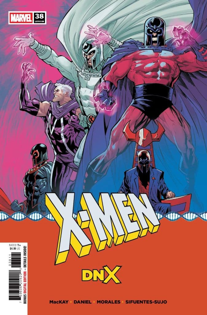 Cover of X-Men comic issue 38 featuring multiple characters including Magneto and a figure in a dark costume, with colorful effects in the background.