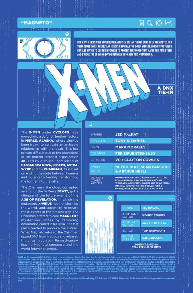 Cover page of the X-Men comic titled 'Magneto', featuring blue graphic design elements, character credits, and storyline overview.