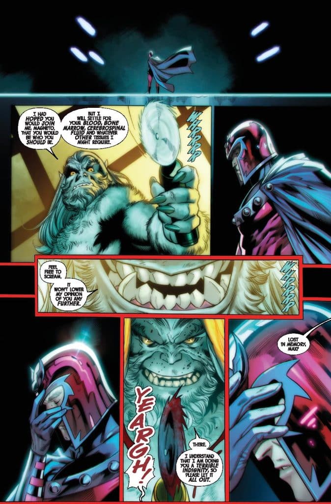 Comic panel featuring two characters: a menacing creature holding a magnifying glass and a figure in a helmet and cape. Dialogue conveys tension and threat.