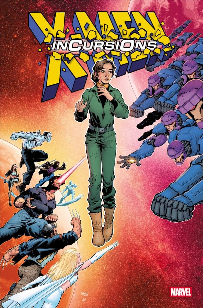 Comic cover featuring 'X-Men: Incursions' with a female character in green attire, surrounded by various superheroes and villains in a dynamic space environment.