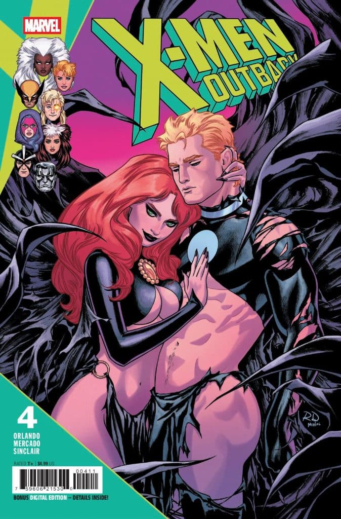 Cover of 'X-Men: Outback' issue 4 featuring characters in a dynamic pose with a focus on two figures, one with red hair and a black outfit and the other with blonde hair wearing a blue outfit, surrounded by dark, abstract elements.