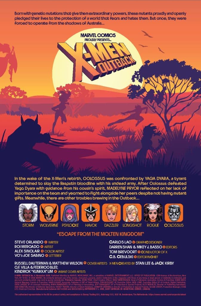An illustrated promotional poster for 'X-Men: Outback' featuring the title, character silhouettes, and a colorful sunset background, highlighting a storyline involving Colossus and other mutants in Australia.