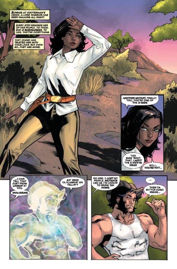A female character in a white shirt and brown belt stands on a dirt path at sunrise, looking pensive. She is surrounded by grass and trees. In a comic panel beside her, Wolverine, depicted in a tank top, converses with her about mutants and lost people, with a ghostly figure of another character visible.
